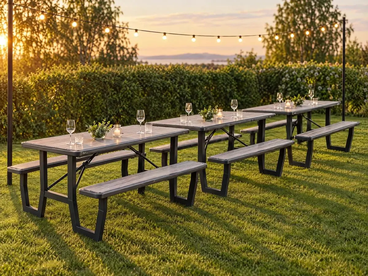 Tables and benches for hire set up for a party