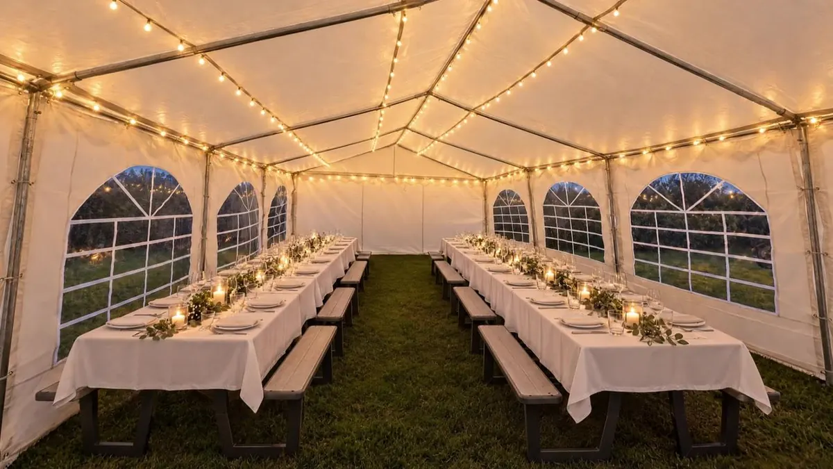 Lit 5×8 m party tent with long tables and benches on a lawn